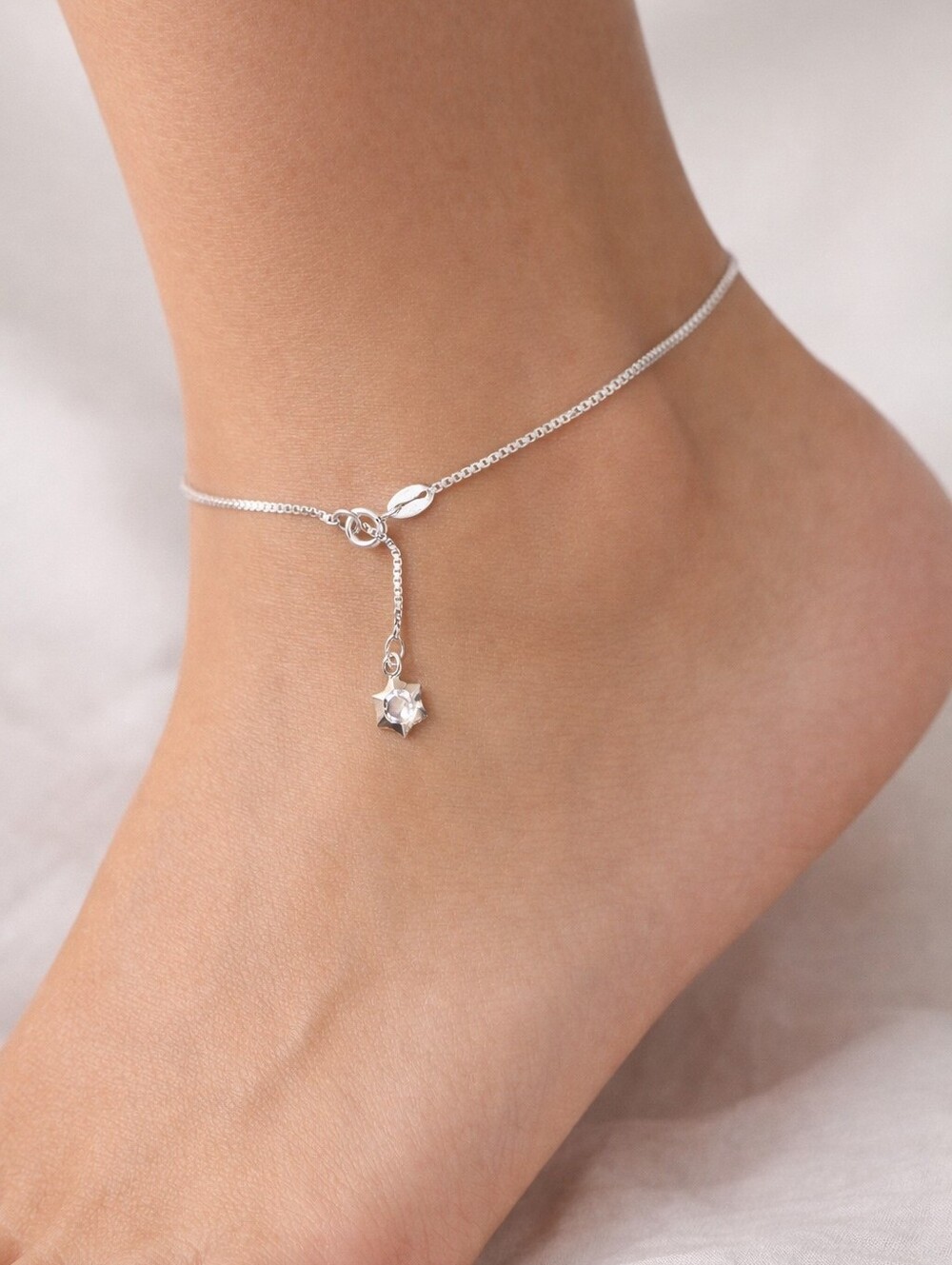 New Sterling Silver Cz Star Anklet 9" 2mm Box Chain Style Jewelry Boho 925